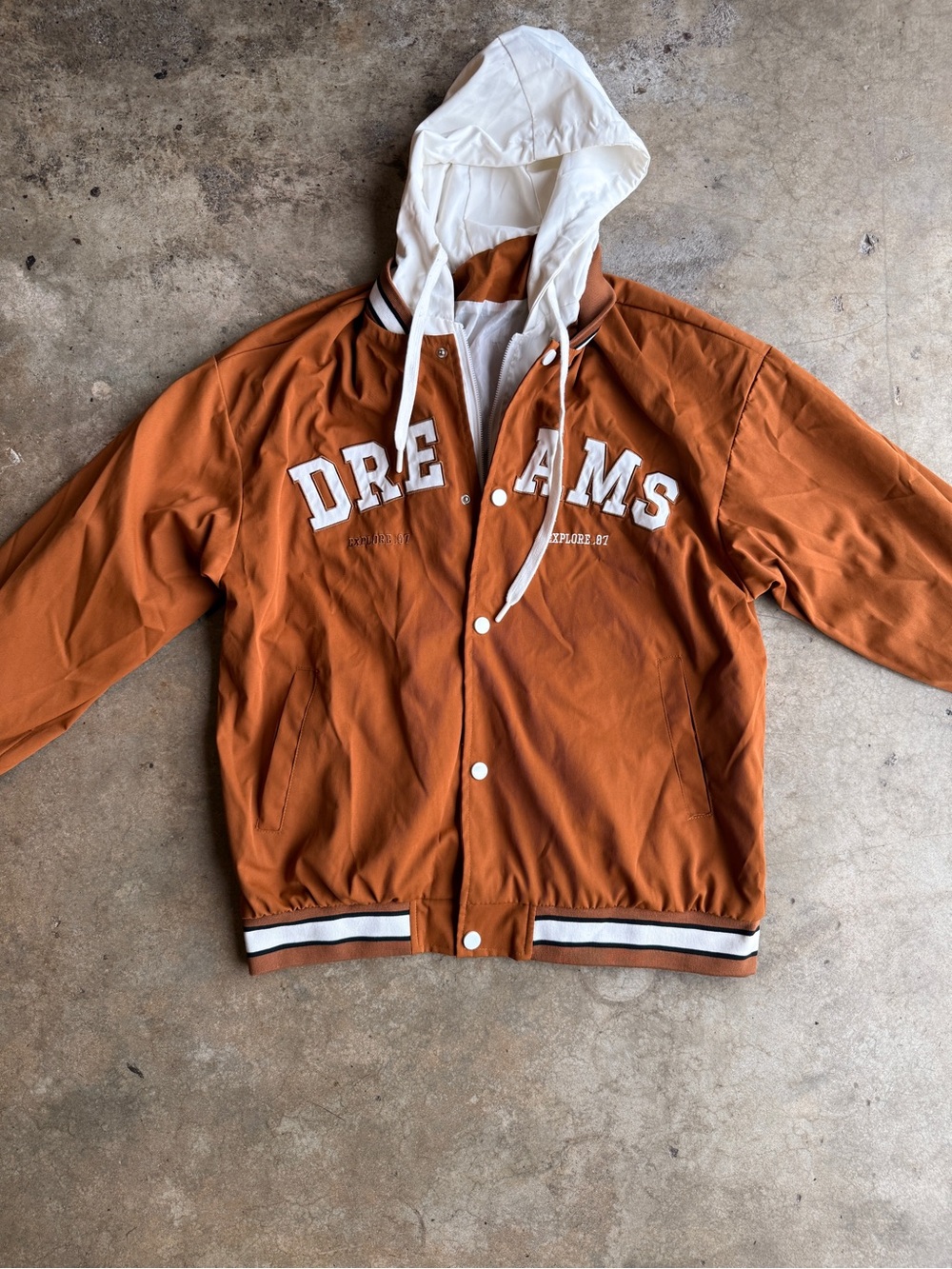 Dreams Explore.87 Varsity Jacket Hooded Brown White Snap Zip Pockets XL